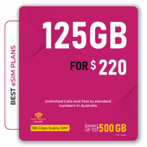 125GB eSIM plan for $220 with unlimited calls and texts in Australia, valid for 180 days. Perfect for long-term users.