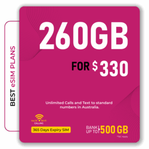 260GB eSIM for $330 with unlimited calls and texts in Australia. Valid for 365 days—perfect for long-term users.