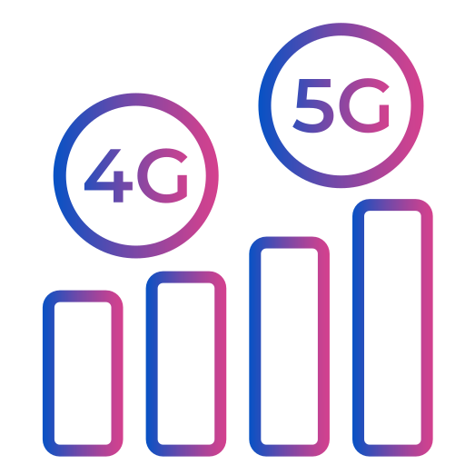 Icon showing mobile signal bars with "4G" and "5G" labels representing strong network connectivity.