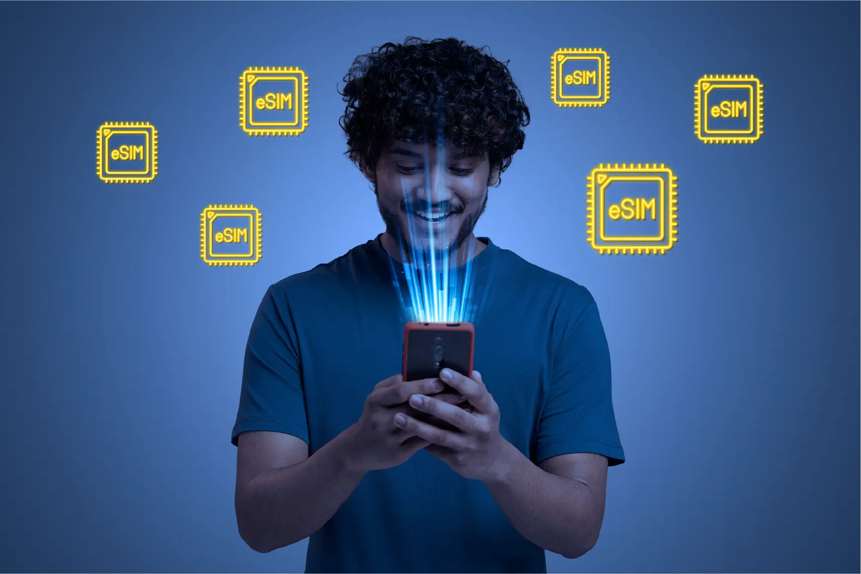 Man smiling while digitally activating an eSIM on his phone, surrounded by floating eSIM chip icons.
