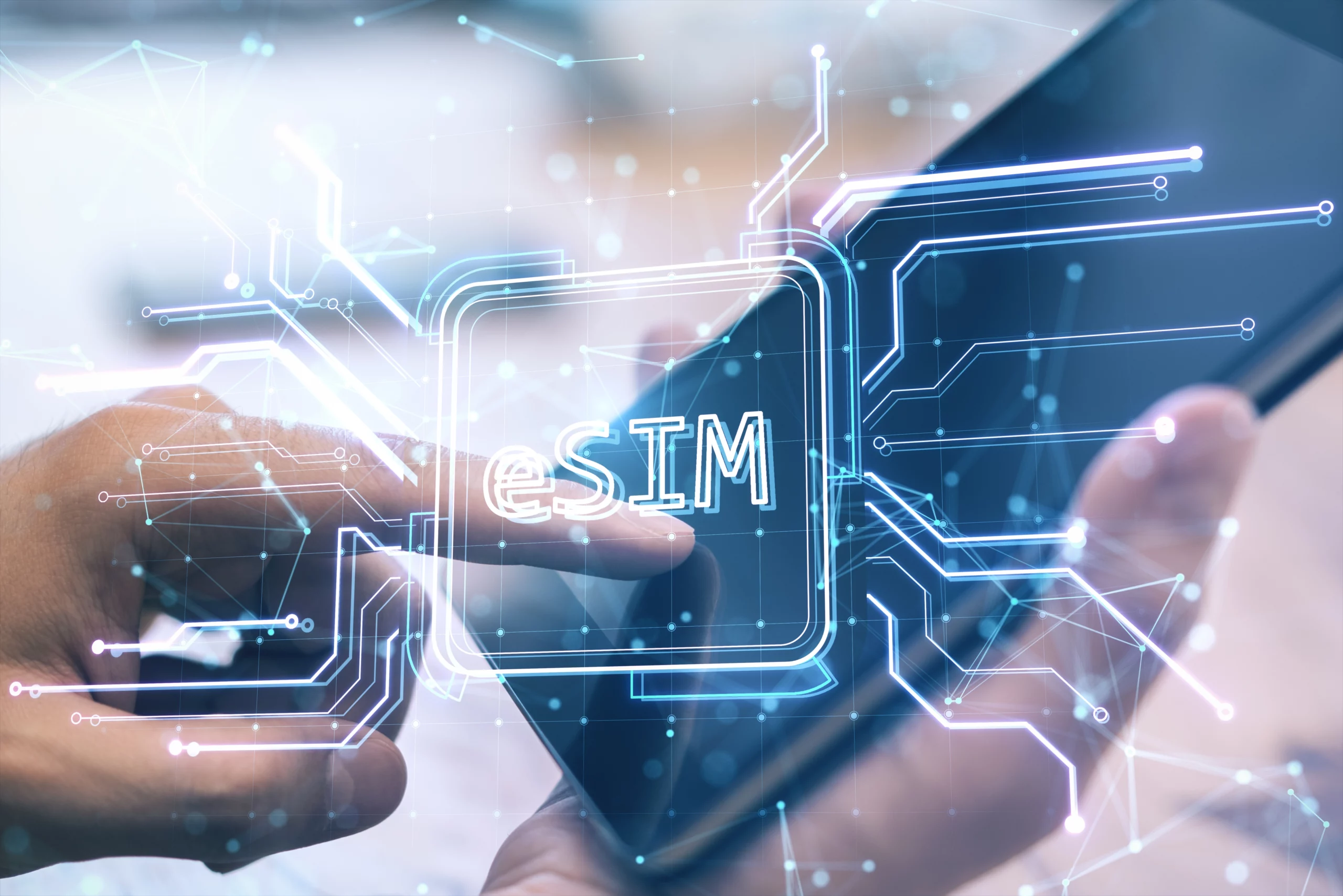 Hand touching a digital eSIM icon on a smartphone screen with an overlay of a circuit board graphic.