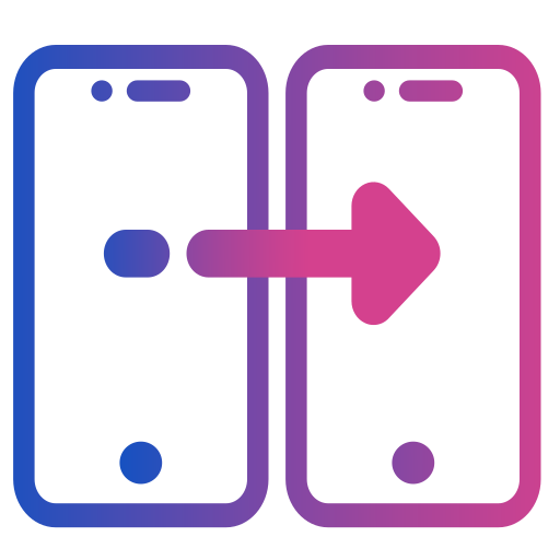 Two stylized smartphones with an arrow between them, symbolizing seamless online eSIM port-in and number transfer process.