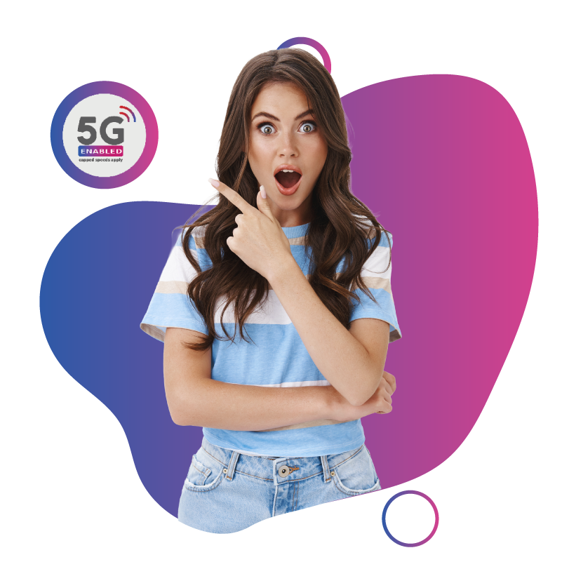 Excited woman pointing at 5G ENABLED logo, illustrating esims.au's focus on fast network speeds.