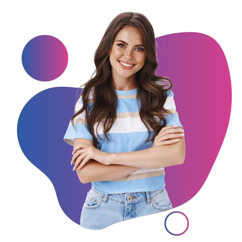 Smiling woman with arms crossed, representing friendly and confident customer service for esims.au.