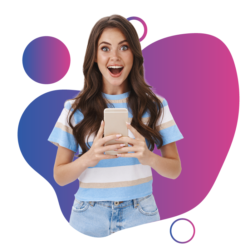 Young woman happily holding a smartphone, representing eSIM services from esims.au