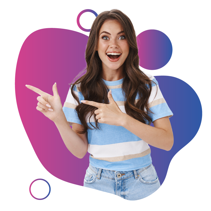 Excited, smiling woman pointing directions, indicating the next steps after a successful eSIM purchase or sign-up.