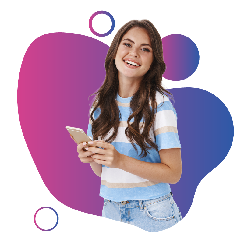 Portrait of a happy woman holding a smartphone, representing the ease of using esims.au.