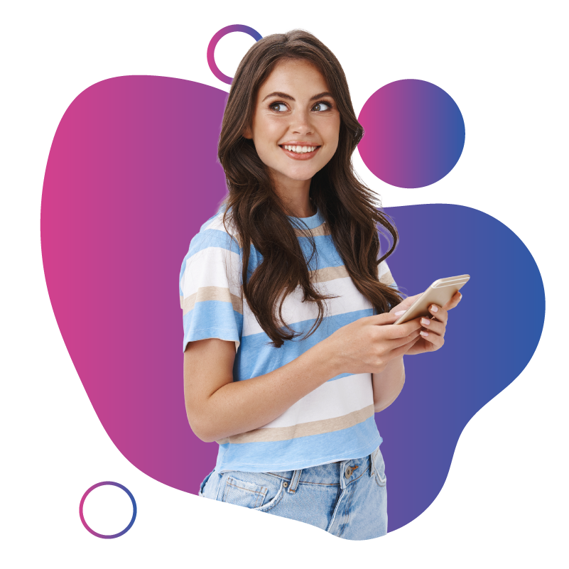 Smiling woman holding smartphone, checking connection with an eSIM plan